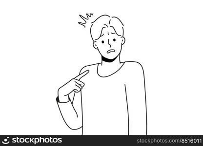 Young confused man point at himself feel insecure and frustrated. Male pointing at self wonder who. Frustration and self-confidence. Vector illustration. . Young man point at self feeling confused