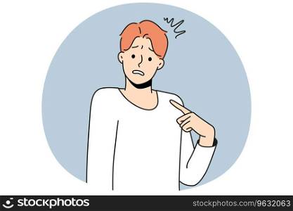 Young confused man point at himself feel insecure and frustrated. Male pointing at self wonder who. Frustration and self-confidence. Vector illustration.. Young man point at self feeling confused