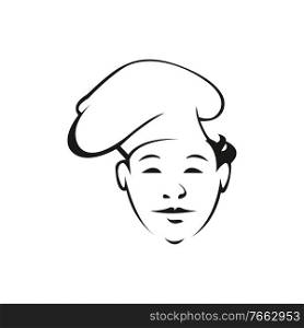 Young cook outline vector illustration. Professional chef with hat isolated character on white background. Restaurant worker, cook assistant contour drawing. Restaurant, cafe logo design idea. Young cook outline vector illustration