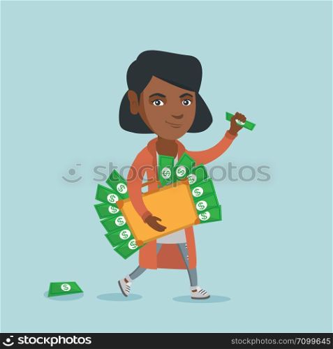 Young corrupt african-american executive manager walking with briefcase full of money. Concept of corruption, bribery and economic crime. Vector cartoon illustration. Square layout.. Executive manager with briefcase full of money.