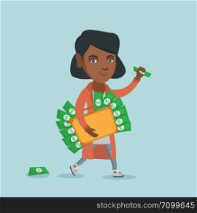 Young corrupt african-american executive manager walking with briefcase full of money. Concept of corruption, bribery and economic crime. Vector cartoon illustration. Square layout.. Executive manager with briefcase full of money.