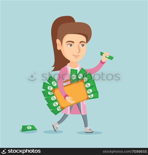 Young corrupt caucasian executive manager walking with briefcase full of money. Concept of corruption, bribery and economic crime. Vector cartoon illustration. Square layout.. Executive manager with briefcase full of money.