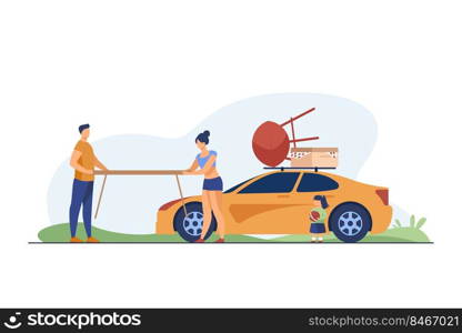 Young coup≤holding tab≤forπcnic on nature. Car, vacation,∑mer flat vector illustration. Family and weekend concept for ban≠r, website design or landing web pa≥