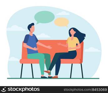 Young couple arguing at home. Man and woman sitting on couch and talking flat vector illustration. Conflict, relationship, communication concept for banner, website design or landing web page