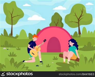 Young couple c&ing in forest. Guitar, tent, together flat vector illustration. Nature and love concept for banner, website design or landing web page