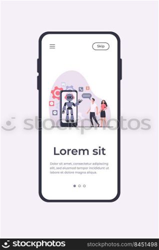 Young couple chatting with robotic assistant on smartphone screen. Chatbot helping customers with their problems. Vector illustration for customer support, help, automatic assistance concept