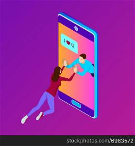 Young couple communicate on smartphone, isometric. A man confesses his love to his girlfriend through social networks.