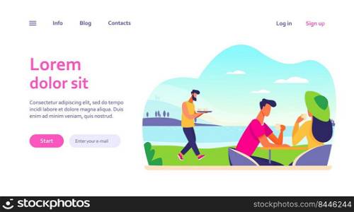 Young couple drinking coffee near lake. Date, sea, cafe, relaxing flat vector illustration. Weekend and nature concept for banner, website design or landing web page