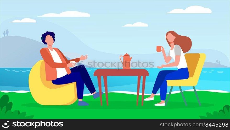 Young couple drinking coffee on lake shore. Couple man and woman dating outdoor flat vector illustration. Romantic meeting, romance, vacation concept for banner, website design or landing web page