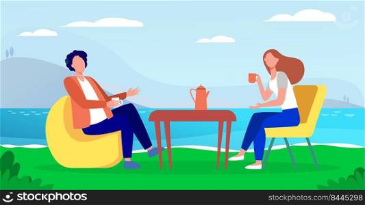 Young couple drinking coffee on lake shore. Couple man and woman dating outdoor flat vector illustration. Romantic meeting, romance, vacation concept for banner, website design or landing web page