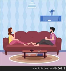 Young couple drinks coffee or tea in a cozy cute interior romantic mood on social distancing. Young couple drinks coffee or tea in a cozy cute interior romantic mood on social distancing. Stays at home quarantine. Cozy interior. Vector social illustration during a virus pandemic. Banner isolated