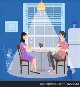 Young couple drinks coffee or tea in the evening in a cozy cute interior romantic mood on social distancing. Young couple drinks coffee or tea in the evening in a cozy cute interior romantic mood on social distancing. Stays at home quarantine. Cozy interior. Vector social illustration during a virus pandemic. Banner isolated