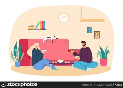 Young couple eating cookies with tea in comfortable living room. Romantic talk of adult woman and man sitting on floor near home sofa and enjoying food flat vector illustration. Hygge, love concept. Young couple eating cookies with tea in comfortable living room