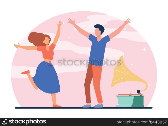 Young couple enjoying retro party. Happy girl and guy dancing at gramophone flat vector illustration. Entertainment, romance, fun concept for banner, website design or landing web page