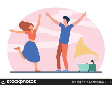 Young couple enjoying retro party. Happy girl and guy dancing at gramophone flat vector illustration. Entertainment, romance, fun concept for banner, website design or landing web page