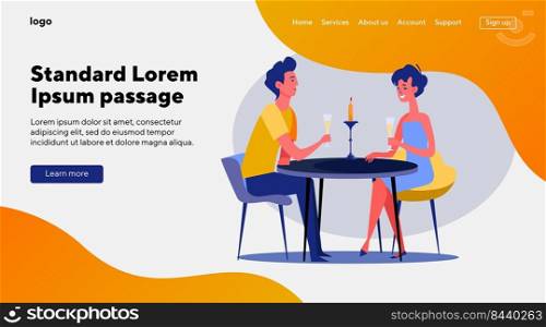 Young couple enjoying romantic dinner. Man and woman drinking wine in restaurant flat vector illustration. Dating, love, romance concept for banner, website design or landing web page