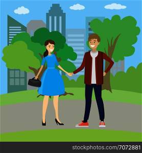 Young couple, family, standing in park, holding hands,vector illustration. Young couple, family, standing in park, holding hands