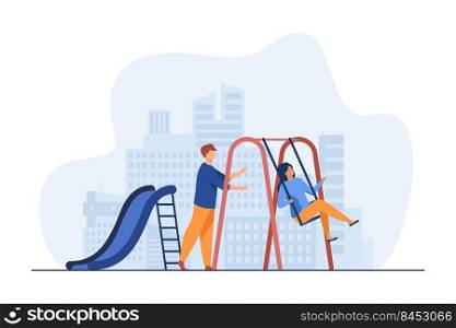 Young couple having fun on playground. Guy swinging girlfriend on swing flat vector illustration. Romance, outdoor activity, youth, date concept for banner, website design or landing web page