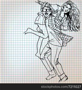 Young couple having fun sketch illustration