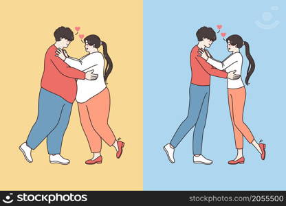 Young couple in love before and after diet. Happy man and woman hug lose weight do sports follow healthy lifestyle together. Wellness and nutrition concept. Vector illustration, cartoon character. . Loving couple before and after diet