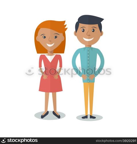 Young Couple In Love . Happy Smiling Couple in Flat Style. Man and woman in casual clothing isolated on white background. Vector modern illustration