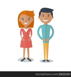 Young Couple In Love . Happy Smiling Couple in Flat Style. Man and woman in casual clothing isolated on white background. Vector modern illustration