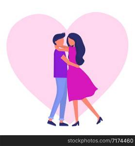 Young couple in love. Man and woman hugging. On background big pink heart. Flat vector illustration.