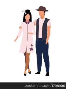 Young couple in love semi flat color vector characters. Full body people on white. Asian culture representatives isolated modern cartoon style illustration for graphic design and animation. Young couple in love semi flat color vector characters