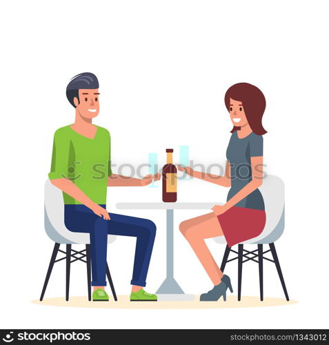 Young Couple in Romantic Date in Cafe. Two Lovers in Vacation have Romance Dining at Restaurant with Wine. Man and Woman Friends Meeting and Conversation at Cafeteria. Flat Vector Illustration.. Young Couple in Romantic Date in Cafe. Flat Vector