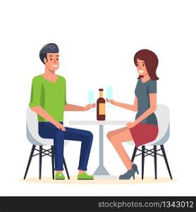 Young Couple in Romantic Date in Cafe. Two Lovers in Vacation have Romance Dining at Restaurant with Wine. Man and Woman Friends Meeting and Conversation at Cafeteria. Flat Vector Illustration.. Young Couple in Romantic Date in Cafe. Flat Vector