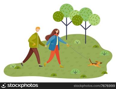 Young couple in the top warm clothes walks with little dog in the park. Long hair woman holds a dog leash. Outdoor activity. Autumn or spring season. Walk on fresh air with your pet. Flat vector. Young couple walks with dog in the park. Trip out of town. Outdoor activity. Flat vector image