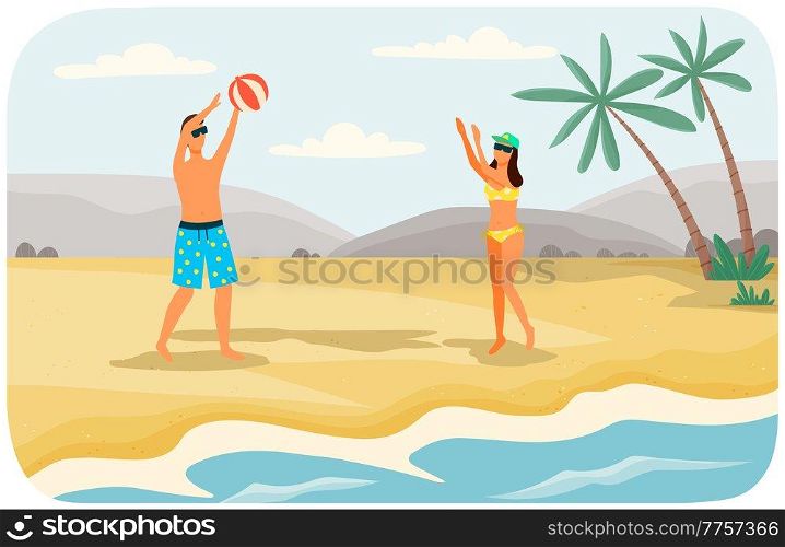 Young couple is throwing ball to each other on beach. Guy with girl playing volleyball on ocean. Cartoon characters doing sports in summer. People are having fun at sandy beach resort near sea. Young couple is throwing ball to each other on beach. Guy with girl playing volleyball on ocean