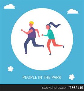 Young couple jogging in park cartoon vector banner isolated icon. Girl and guy in sport clothes and sneakers running, healthy lifestyle active leisure. Young Couple Jogging in Park Cartoon Vector Banner