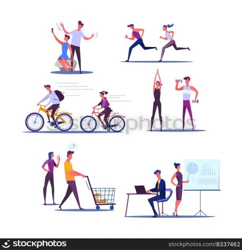 Young couple living active life. Male and female cartoon characters doing sports and business together. Vector illustration for banner, poster, leaflet 