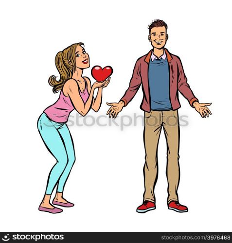 young couple love Valentine heart. Comic cartoon pop art retro vector illustration drawing. young couple love Valentine heart