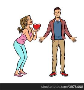 young couple love Valentine heart. Comic cartoon pop art retro vector illustration drawing. young couple love Valentine heart