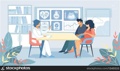 Young Couple Man and Pregnant Woman Sitting at Doctor Appointment Room in Hospital Holding Hands. Pregnancy, Childbearing, Happy Family Waiting Baby Medical Check Up Cartoon Flat Vector Illustration. Man and Pregnant Woman Sitting at Doctor Cabinet