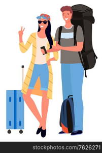 Young couple of tourists with suitcases on wheels. Travelers with luggage. Man with rucksack and woman wearing cap and sunglasses with camera vector. Flat cartoon. Couple of Tourists with Suitcase and Camera Vector