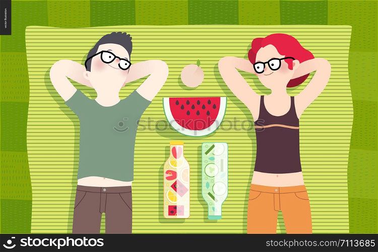 Young couple on picnic, top view - flat cartoon vector illustration of woman and man laying down on striped green plaid on green grass, bottles with fruit water, cucumber water, watermelon and peach. Young couple on picnic,top view