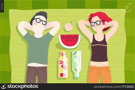 Young couple on picnic, top view - flat cartoon vector illustration of woman and man laying down on striped green plaid on green grass, bottles with fruit water, cucumber water, watermelon and peach. Young couple on picnic,top view