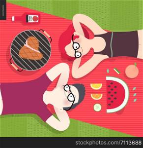 Young couple on picnic, top view,vegetarian vs meat eater - flat cartoon vector illustration of woman and man laying down on red plaid on green grass, with vegetarian and meat meal. Young couple on picnic,top view,vegetarian vs meat eater