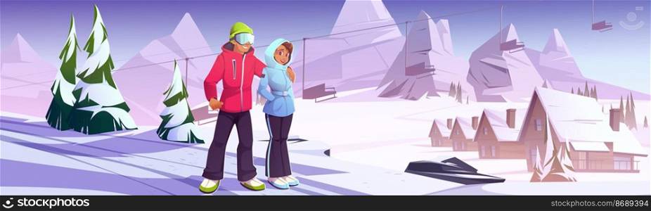 Young couple on ski resort, man and woman in winter clothes hugging at snowy hill with mountains, cottages and funicular background, people relaxing, outdoor activity, Cartoon vector illustration. Young couple on ski resort, outdoor activity.