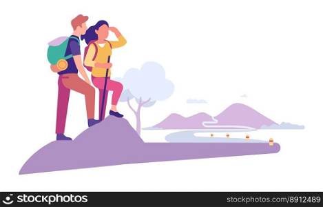 Young couple plan travel itinerary. Man and woman look off into distance. Hiking tourism. Active vacation. Tourists planning journey route. Mountain trekking. Travelers with backpacks. Vector concept. Young couple plan travel itinerary. Man and woman look off into distance. Hiking tourism. Tourists planning journey route. Mountain trekking. Travelers with backpacks. Vector concept