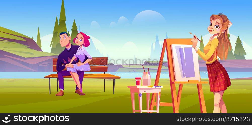 Young couple posing for artist girl painting family portrait on easel Girlfriend sit on Boyfriend knees on wooden bench at summer nature landscape, characters relations Cartoon vector illustration. Couple posing for artist painting family portrait