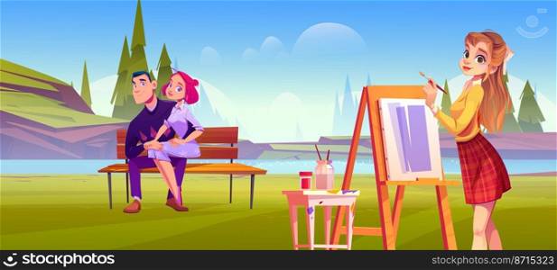 Young couple posing for artist girl painting family portrait on easel Girlfriend sit on Boyfriend knees on wooden bench at summer nature landscape, characters relations Cartoon vector illustration. Couple posing for artist painting family portrait