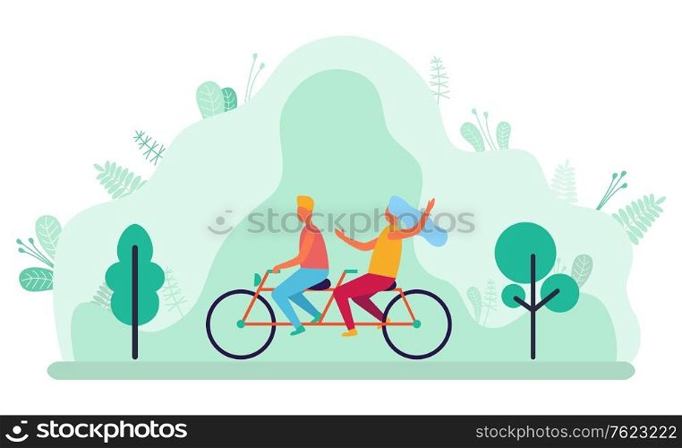 Young couple riding double bicycle in park. People on tandem bike. Man and woman cycling together, outdoor sport, family leisure, summer activities vector. Flat cartoon. Couple of People Riding Tandem Bicycle Vector