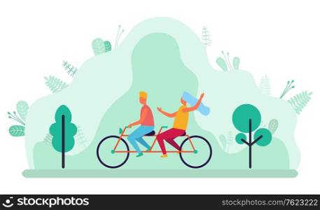 Young couple riding double bicycle in park. People on tandem bike. Man and woman cycling together, outdoor sport, family leisure, summer activities vector. Flat cartoon. Couple of People Riding Tandem Bicycle Vector
