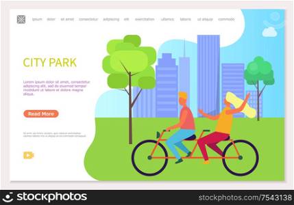 Young couple riding in the city park. Cheerful man and blonde woman in casual style going a bicycle near high rise buildings with cloudy sky vector. Funny Young Couple Riding Bike, City Park Vector