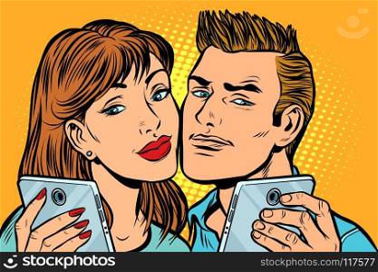 young couple selfie on smartphone. Pop art retro vector illustration kitsch vintage drawing. young couple selfie on smartphone