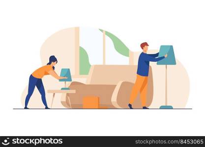 Young couple setting up home. Furniture, torches, l&s flat vector illustration. Housing, housekeeping, interior design concept for banner, website design or landing web page